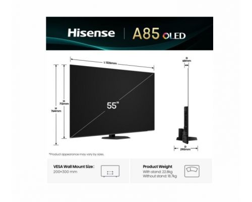 Hisense 55" A85Q, 4K UHD OLED Smart TV, 120Hz, 1000 nits,HDMI 2.1, Game Mode Pro, AMD FreeSync Premium, Dolby Vision IQ & Atmos, Bluetooth, Alexa Built-in, Black, image , 2 image