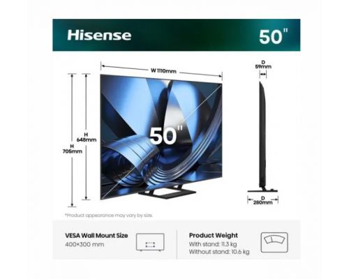 Hisense 50" U7SE, 4K Ultra HD 3840x2160, ULED, FALD, Quantum Dot, 144Hz, IPS, HDR 10+, HLG, Dolby Vision IQ, Dolby Atmos, Smart TV, WiFi 5GHz, WiFi Direct, BT, Anyview Cast, 4xHDMI, 2xUSB, LAN, CI+, DVB-T2/C/S2, Black, image , 2 image