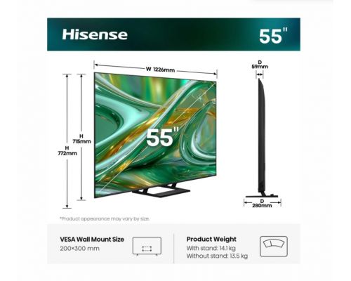 Hisense 55" E8S, 4K Ultra HD 3840x2160, ULED, Quantum Dot,144 Hz,HDR 10+, HLG, Dolby Vision, DTS Virtual X, Smart TV, WiFi, Light Sensor, BT, Anyview Cast, 4xHDMI, 2xUSB, LAN, CI+, DVB-T2/C/S2, Singale Stand, Black, image _ab__is.image_number.default