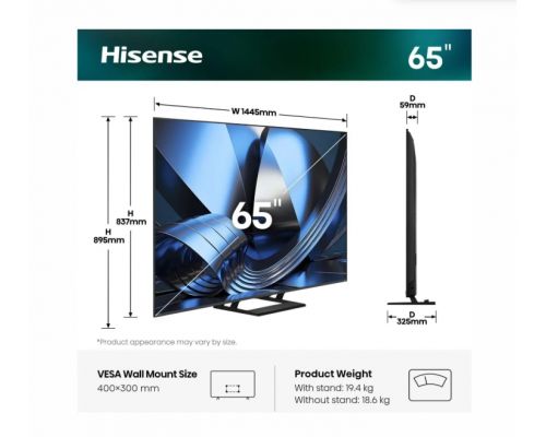 Hisense 65"U7SE, 4K Ultra HD 3840x2160, ULED, FALD, Quantum Dot, 144Hz, IPS, HDR 10+, HLG, Dolby Vision IQ, Dolby Atmos, Smart TV, WiFi 5GHz, WiFi Direct, BT, Anyview Cast,light sensor, 4xHDMI, 2xUSB, LAN, CI+, DVB-T2/C/S2, Black, image _ab__is.image_number.default