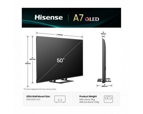 Hisense 50" A7Q, 4K Ultra HD 3840x2160, QLED, FALD, Quantum Dot, HDR 10+, HLG, Dolby Vision, Dolby Atmos, Smart TV, WiFi 5GHz, WiFi Direct, BT, Anyview Cast, 3xHDMI, 2xUSB, LAN, CI+, DVB-T2/C/S2, Black, image , 2 image