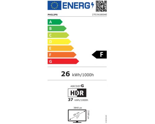 Philips 27E1N1800AE, 27" IPS WLED, 3840x2160@60Hz, 4ms GtG, 350cd m/2, 1000:1, Mega Infinity DCR, Adaptive Sync, FlickerFree, Blue Light Soft, 2Wx2, Tilt, Height Adjust, 2xHDMI, DP, image _ab__is.image_number.default