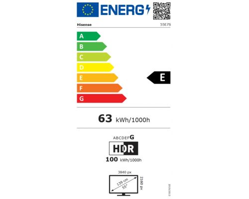 Hisense 55" E7S, 4K Ultra HD 3840x2160, QLED, Quantum Dot, HDR 10+, HLG, Dolby Vision, DTS Virtual X, Smart TV, WiFi, Light Sensor, BT, Anyview Cast, 3xHDMI, 2xUSB, LAN, CI+, DVB-T2/C/S2, Black, image , 5 image