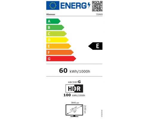 Hisense 55" A6S, 4K Ultra HD 3840x2160, DLED, DFA, Precision Colour, HDR 10+, HLG, Dolby Vision,Light sensor, Smart TV, WiFi, BT, AnyView Cast, Gaming Mode, 1xHDMI2 eArc, 3xHDMI, 2xUSB, LAN, CI+, DVB-T2/C/S2, Black, image _ab__is.image_number.default