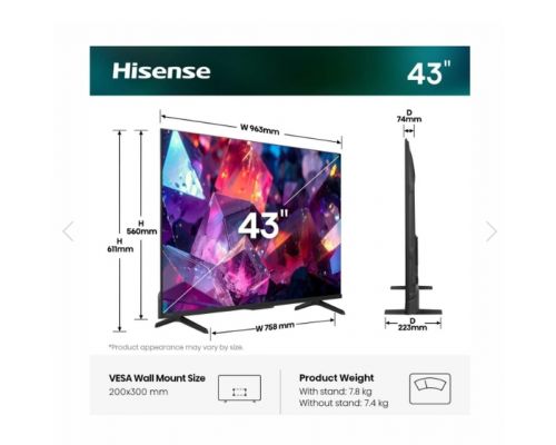 Hisense 43" E7S Pro, 4K Ultra HD 3840x2160, QLED, Quantum Dot, 144Hz, HDR 10+ adaptive, HLG, Dolby Vision, DTS Virtual X, Smart TV, WiFi 5GHz, WiFi Direct, BT, Anyview Cast, 3xHDMI, 2xUSB, LAN, CI+, DVB-T2/C/S2, Black, image _ab__is.image_number.default