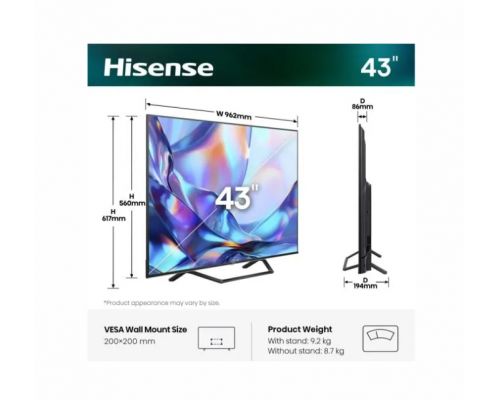 Hisense 43" A7S, 4K Ultra HD 3840x2160, QLED, FALD, Quantum Dot, HDR 10+, HLG, Dolby Vision, Dolby Atmos, Smart TV, WiFi 5GHz, WiFi Direct, BT, Anyview Cast, 3xHDMI, 2xUSB, LAN, CI+, DVB-T2/C/S2, Black, image _ab__is.image_number.default