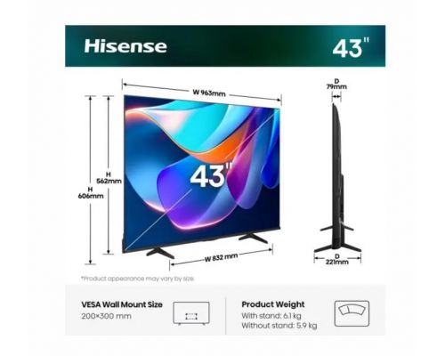 Hisense 43" A6S, 4K Ultra HD 3840x2160, DLED, DFA, Precision Colour, HDR 10+, HLG, Dolby Vision,Light sensor, Smart TV, WiFi, BT, AnyView Cast, Gaming Mode, 1xHDMI2 eArc, 3xHDMI, 2xUSB, LAN, CI+, DVB-T2/C/S2, Black, image _ab__is.image_number.default