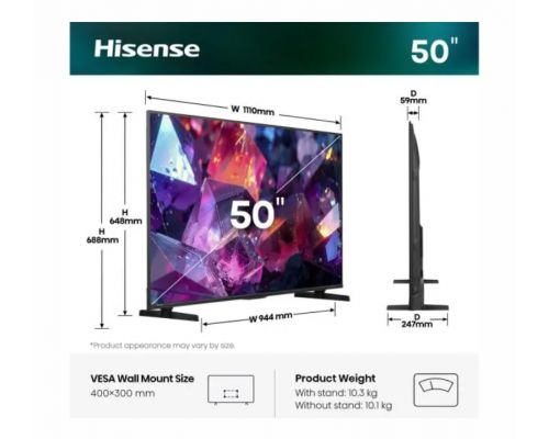Hisense 50" E7S Pro, 4K Ultra HD 3840x2160, QLED, Quantum Dot, 144Hz, HDR 10+ adaptive, HLG, Dolby Vision, DTS Virtual X, Smart TV, WiFi 5GHz, WiFi Direct, BT, Anyview Cast, 4xHDMI, 2xUSB, LAN, CI+, DVB-T2/C/S2, Black, image _ab__is.image_number.default