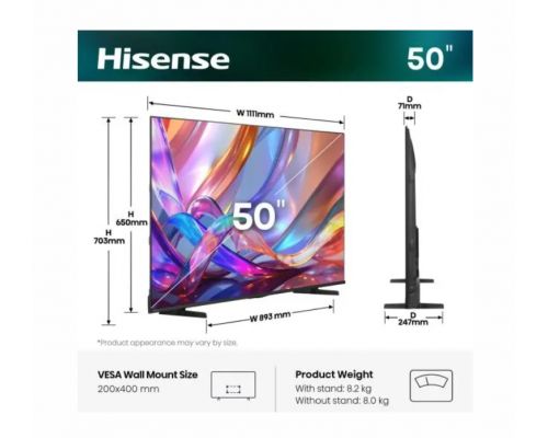 Hisense 50" E7S, 4K Ultra HD 3840x2160, QLED, Quantum Dot, HDR 10+, HLG, Dolby Vision, DTS Virtual X, Smart TV, WiFi, Light Sensor, BT, Anyview Cast, 3xHDMI, 2xUSB, LAN, CI+, DVB-T2/C/S2, Black, image , 2 image