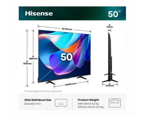 Hisense 50" A6S, 4K Ultra HD 3840x2160, DLED, DFA, Precision Colour, HDR 10+, HLG, Dolby Vision,Light sensor, Smart TV, WiFi, BT, AnyView Cast, Gaming Mode, 1xHDMI2 eArc, 3xHDMI, 2xUSB, LAN, CI+, DVB-T2/C/S2, Black, image _ab__is.image_number.default