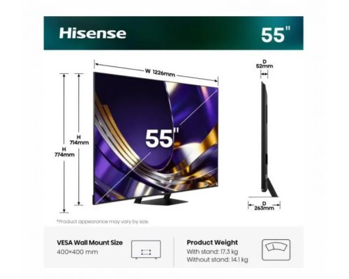Hisense 55"U7S Pro, 4K Ultra HD 3840x2160, ULED, FALD, Quantum Dot, 165Hz, IPS, HDR 10+, HLG, Dolby Vision IQ, Dolby Atmos, Smart TV, WiFi 5GHz, WiFi Direct, BT, Anyview Cast,light sensor,Solar Powered Remote, 4xHDMI, 2xUSB, LAN, CI+, DVB-T2/C/S2, Black, image _ab__is.image_number.default