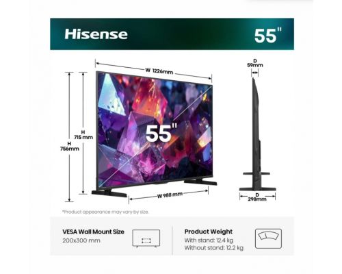 Hisense 55" E7S Pro, 4K Ultra HD 3840x2160, QLED, Quantum Dot, 144Hz, HDR 10+ adaptive, HLG, Dolby Vision, DTS Virtual X, Smart TV, WiFi 5GHz, WiFi Direct, BT, Anyview Cast, 3xHDMI, 2xUSB, LAN, CI+, DVB-T2/C/S2, Black, image _ab__is.image_number.default