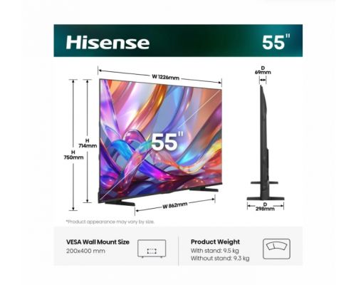 Hisense 55" E7S, 4K Ultra HD 3840x2160, QLED, Quantum Dot, HDR 10+, HLG, Dolby Vision, DTS Virtual X, Smart TV, WiFi, Light Sensor, BT, Anyview Cast, 3xHDMI, 2xUSB, LAN, CI+, DVB-T2/C/S2, Black, image , 2 image