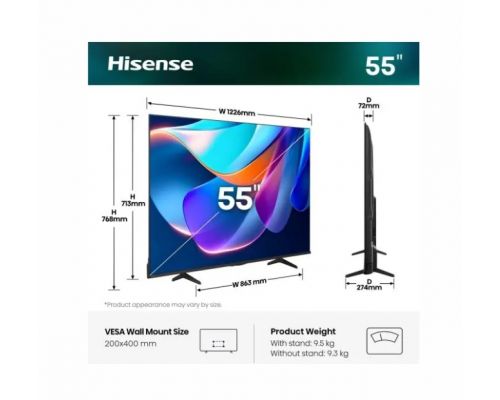 Hisense 55" A6S, 4K Ultra HD 3840x2160, DLED, DFA, Precision Colour, HDR 10+, HLG, Dolby Vision,Light sensor, Smart TV, WiFi, BT, AnyView Cast, Gaming Mode, 1xHDMI2 eArc, 3xHDMI, 2xUSB, LAN, CI+, DVB-T2/C/S2, Black, image _ab__is.image_number.default
