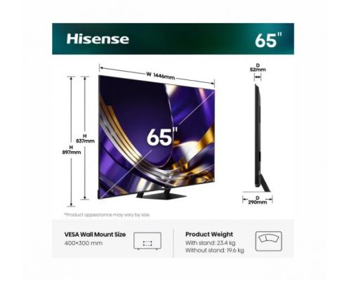 Hisense 65"U7S Pro, 4K Ultra HD 3840x2160, ULED, FALD, Quantum Dot, 165Hz, IPS, HDR 10+, HLG, Dolby Vision IQ, Dolby Atmos, Smart TV, WiFi 5GHz, WiFi Direct, BT, Anyview Cast,light sensor,Solar Powered Remote, 4xHDMI, 2xUSB, LAN, CI+, DVB-T2/C/S2, Black, image _ab__is.image_number.default
