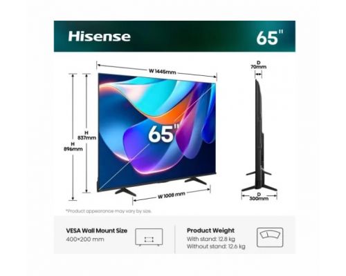 Hisense 65" A6S, 4K Ultra HD 3840x2160, DLED, DFA, Precision Colour, HDR 10+, HLG, Dolby Vision, DTS Virtual X, Smart TV, WiFi, BT, Light Sensor, Gaming Mode, 1xHDMI2 eArc, 3xHDMI, 2xUSB, LAN, CI+, DVB-T2/C/S2, Black, image _ab__is.image_number.default