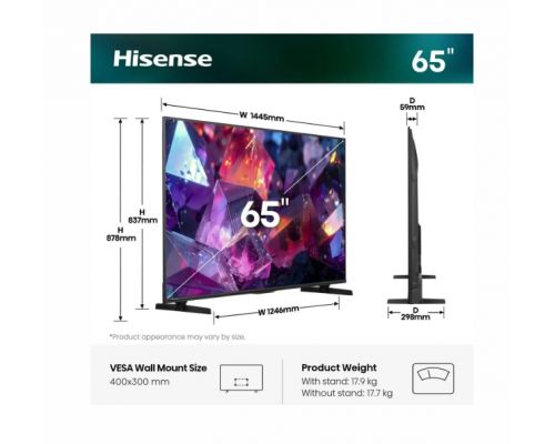 Hisense 65" E7S Pro, 4K Ultra HD 3840x2160, QLED, Quantum Dot, 144Hz, HDR 10+ adaptive, HLG, Dolby Vision, DTS Virtual X, Smart TV, WiFi 5GHz, WiFi Direct, BT, Anyview Cast, 4xHDMI, 2xUSB, LAN, CI+, DVB-T2/C/S2, Black, image _ab__is.image_number.default