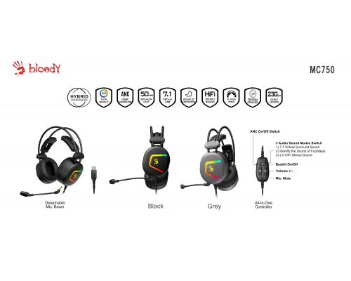 Gaming Earphone A4TECH Bloody MC750, ANC,RGB, Microphone, Black, image , 2 image