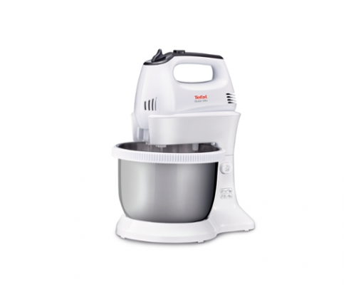 Tefal HT312138, Quick mix Hand Mixer with bowl, 300 W, 5 Speeds + turbo, 2 Beaters, 2 Dough hooks, automatic rotating bowl, white & inox standbowl, image 