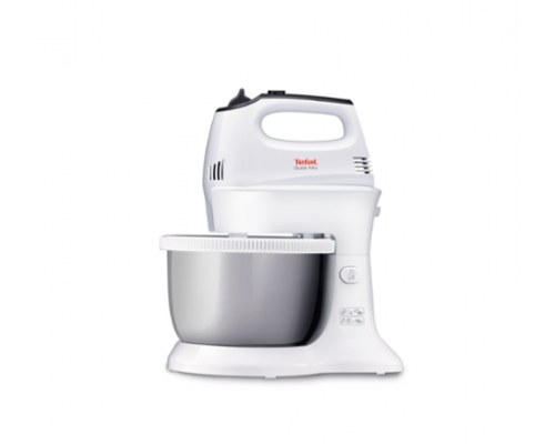 Tefal HT312138, Quick mix Hand Mixer with bowl, 300 W, 5 Speeds + turbo, 2 Beaters, 2 Dough hooks, automatic rotating bowl, white & inox standbowl, image _ab__is.image_number.default