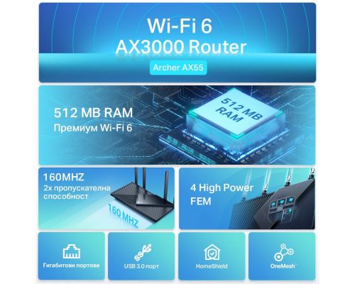 Wireless Router TP-Link Archer AX55, AX3000, Wi-Fi 6, Dual-Band Gigabit, image _ab__is.image_number.default
