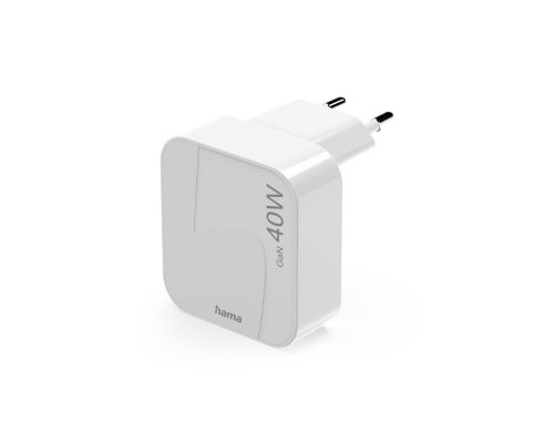Hama Fast Charger, GaN, 2x USB-C, Folding Mini Charger, PD, 40 W, white, image 
