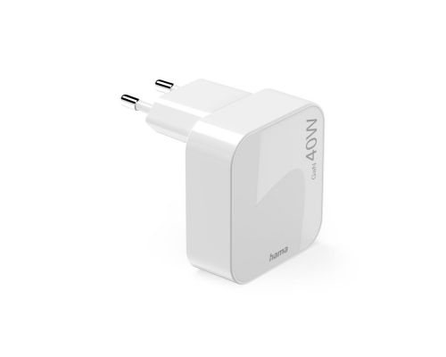 Hama Fast Charger, GaN, 2x USB-C, Folding Mini Charger, PD, 40 W, white, image _ab__is.image_number.default