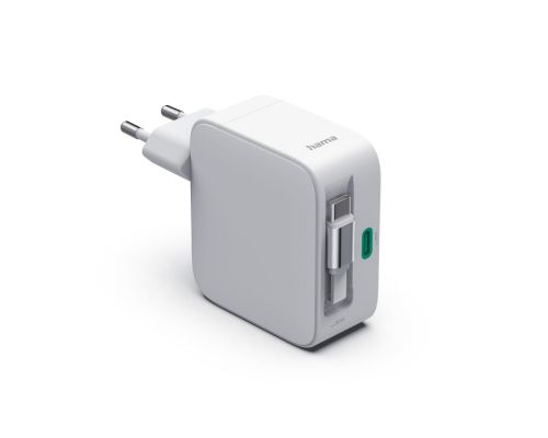 Hama Fast Charger, GaN, 2x USB-C, Extendable Charging Cable, PD, 30 W, white, image , 2 image