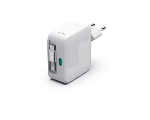 Hama Fast Charger, GaN, 2x USB-C, Extendable Charging Cable, PD, 65 W, white, image 