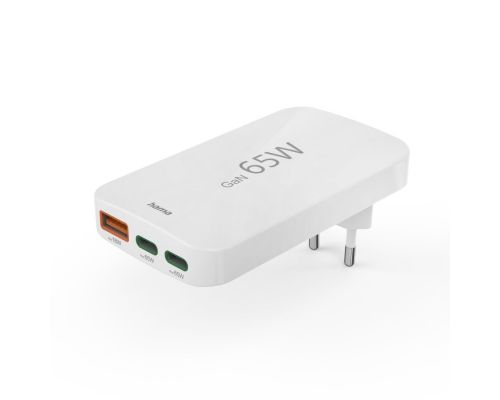 Hama Fast Charger, 2x USB-C, 1x USB-A, Flat Mini Charger, PD, 65 W, wht, image 