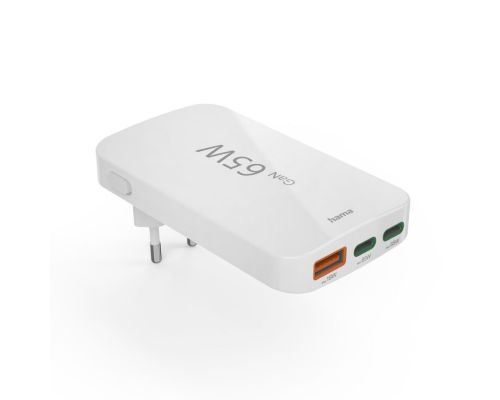 Hama Fast Charger, 2x USB-C, 1x USB-A, Flat Mini Charger, PD, 65 W, wht, image , 2 image