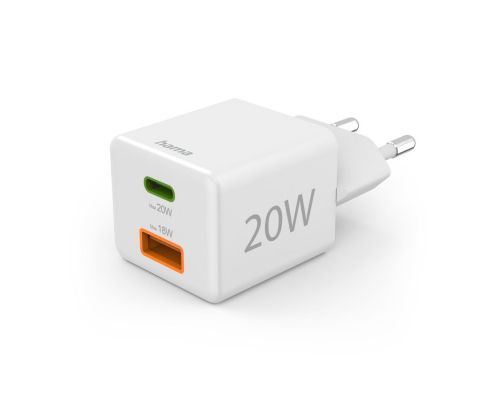 Hama Fast Charger, 1x USB-C, 1x USB-A, Mini-Charger, PD, 20 W, white, image 