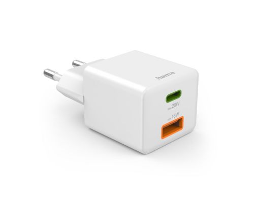 Hama Fast Charger, 1x USB-C, 1x USB-A, Mini-Charger, PD, 20 W, white, image , 2 image