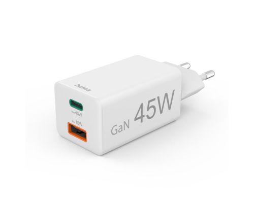 Hama Fast Charger, 1x USB-C, 1x USB-A, Mini Charger, PD, 45 W, white, image 