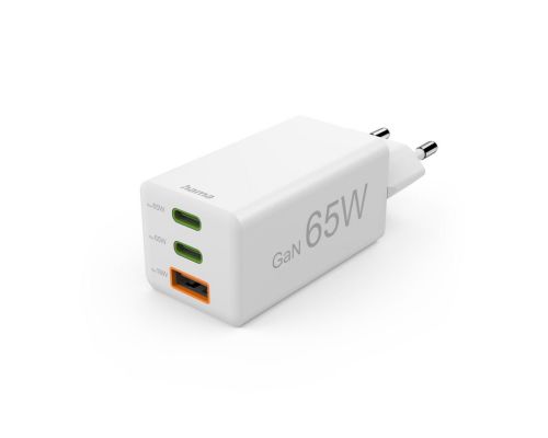 Hama Fast Charger, GaN, 2x USB-C, 1x USB-A, Mini Charger, PD, 65 W, white, image 