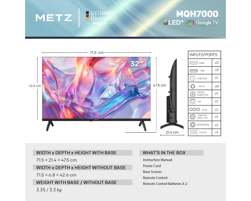METZ TV 32" 32MQH7000Z HD Ready QLED+ Google TV, Клас E, image , 5 image